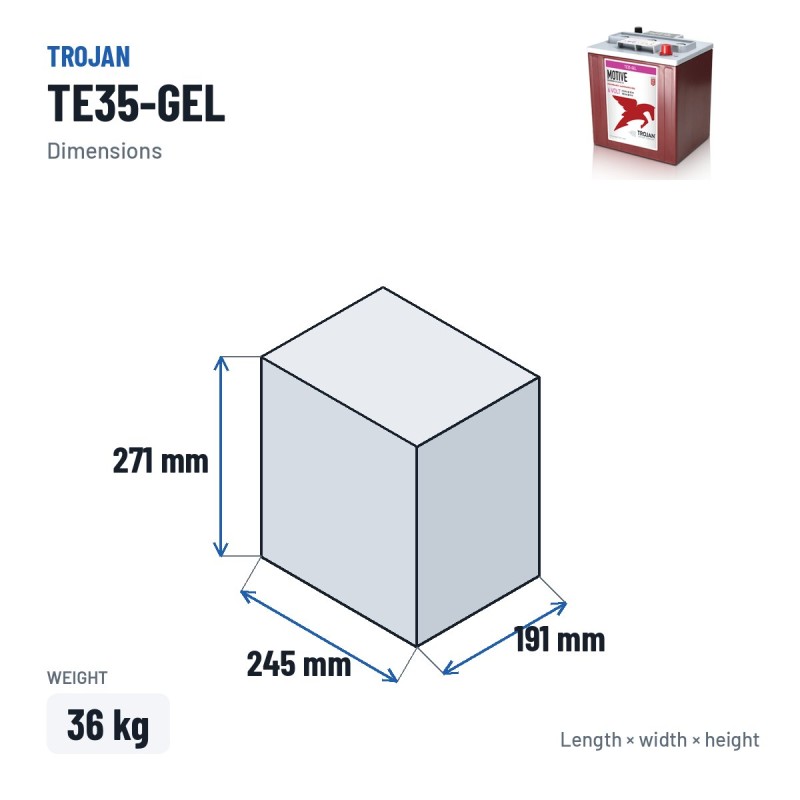 Batteria solare Trojan TE35-GEL 6V 210Ah GEL – dimensioni 245 × 191 × 271 mm