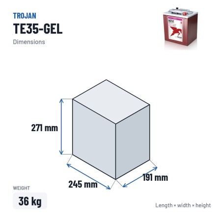 Batteria solare Trojan TE35-GEL 6V 210Ah GEL – dimensioni 245 × 191 × 271 mm