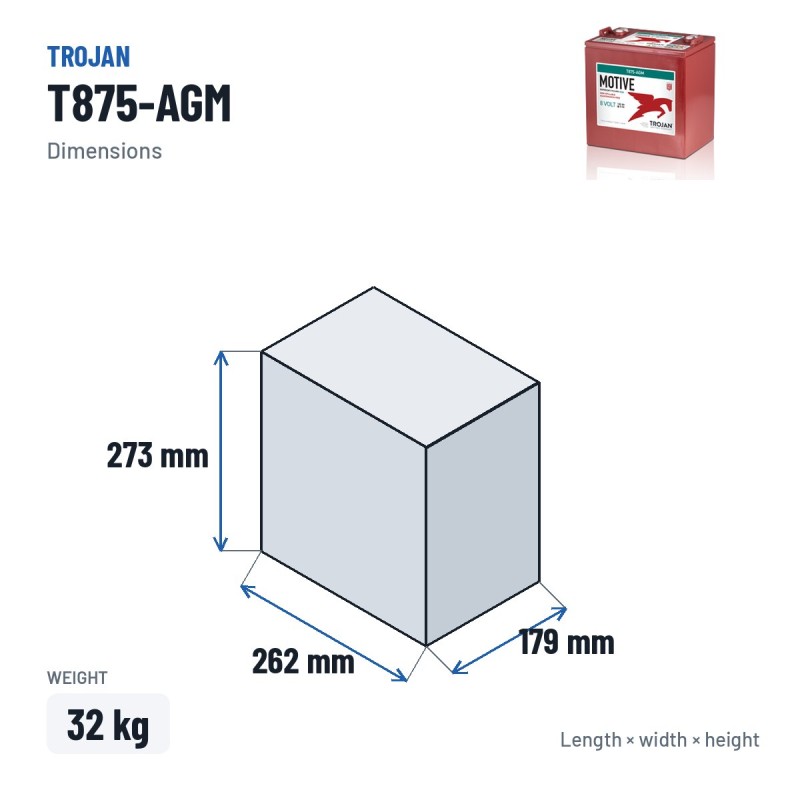 Batterie solaire Trojan T875-AGM 8V 160Ah AGM – dimensions 262 × 179 × 273 mm