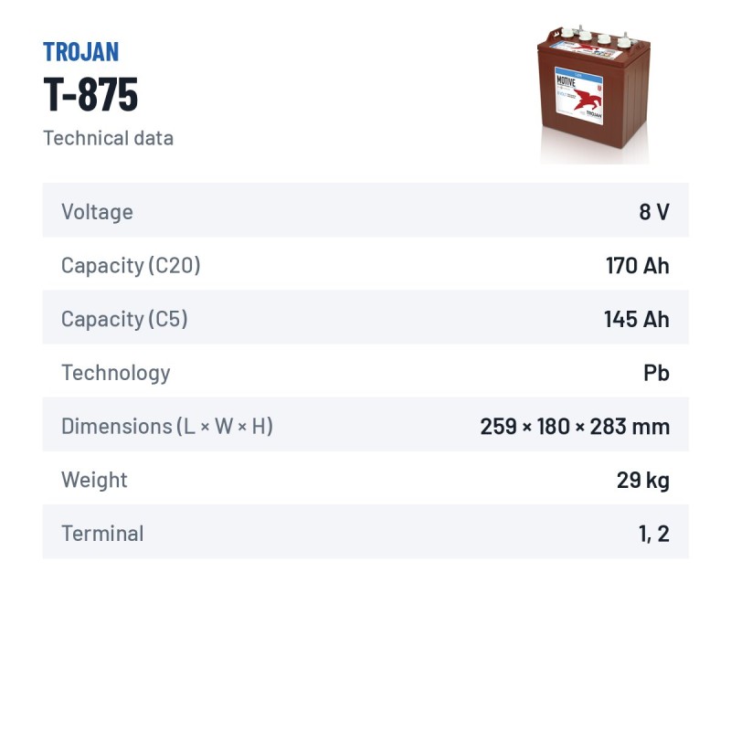 Batería de carrito de golf Trojan T-875 8V 170Ah – ficha técnica