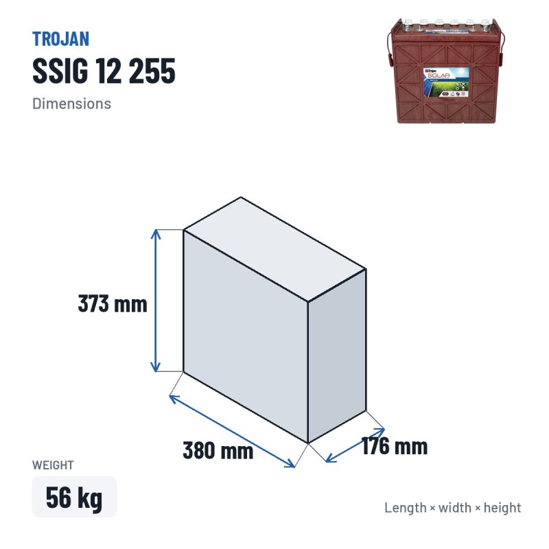 Batteria solare Trojan SSIG 12 255 12V 229Ah – dimensioni 380 × 176 × 373 mm