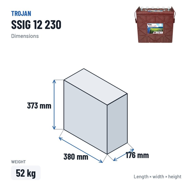 Solarbatterie Trojan SSIG 12 230 12V 209Ah – Abmessungen 380 × 176 × 373 mm