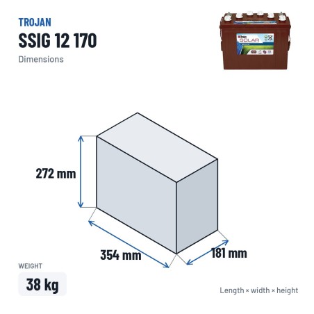 Solar battery Trojan SSIG 12 170 12V 153Ah – dimensions 354 × 181 × 272 mm