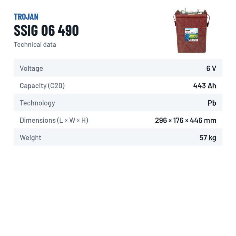 Batteria solare Trojan SSIG 06 490 6V 443Ah – scheda tecnica