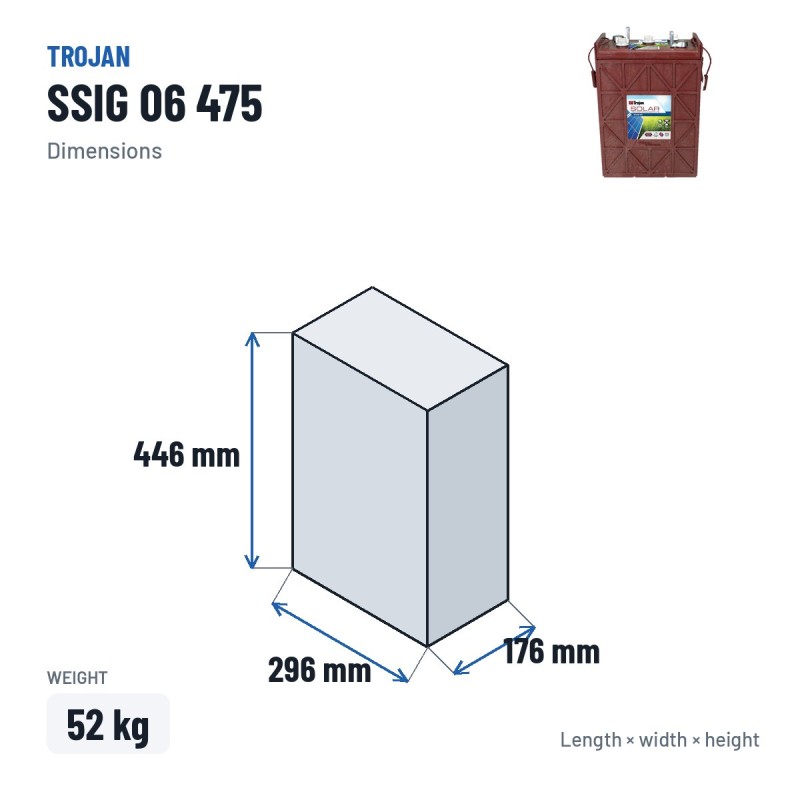 Batterie solaire Trojan SSIG 06 475 6V 428Ah – dimensions 296 × 176 × 446 mm
