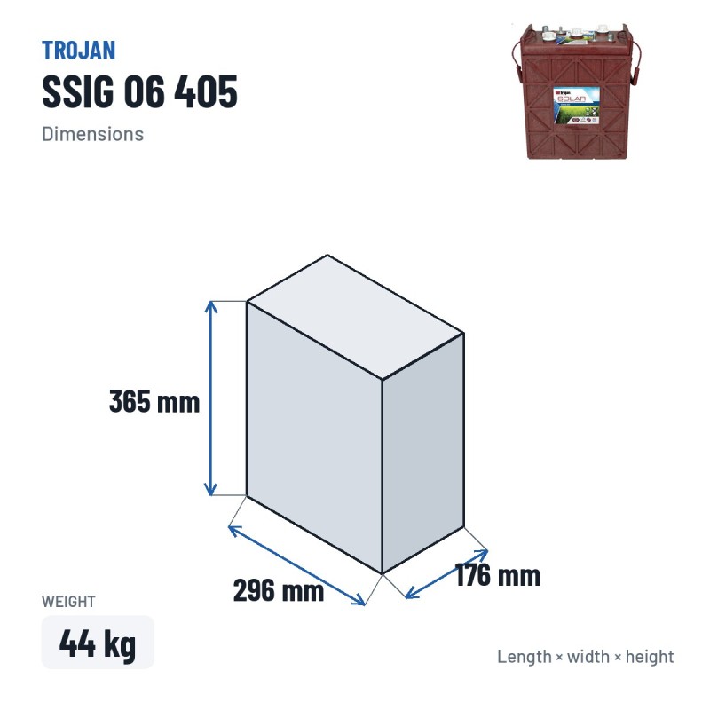 Solar battery Trojan SSIG 06 405 6V 366Ah – dimensions 296 × 176 × 365 mm