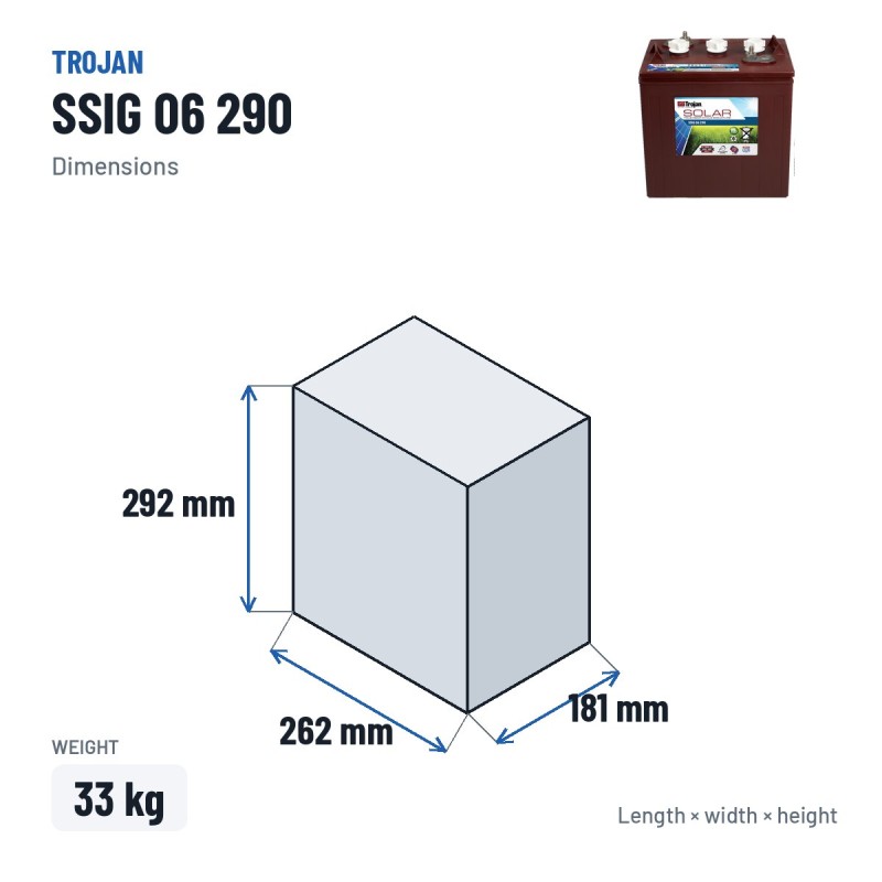 Batteria solare Trojan SSIG 06 290 6V 265Ah – dimensioni 262 × 181 × 292 mm