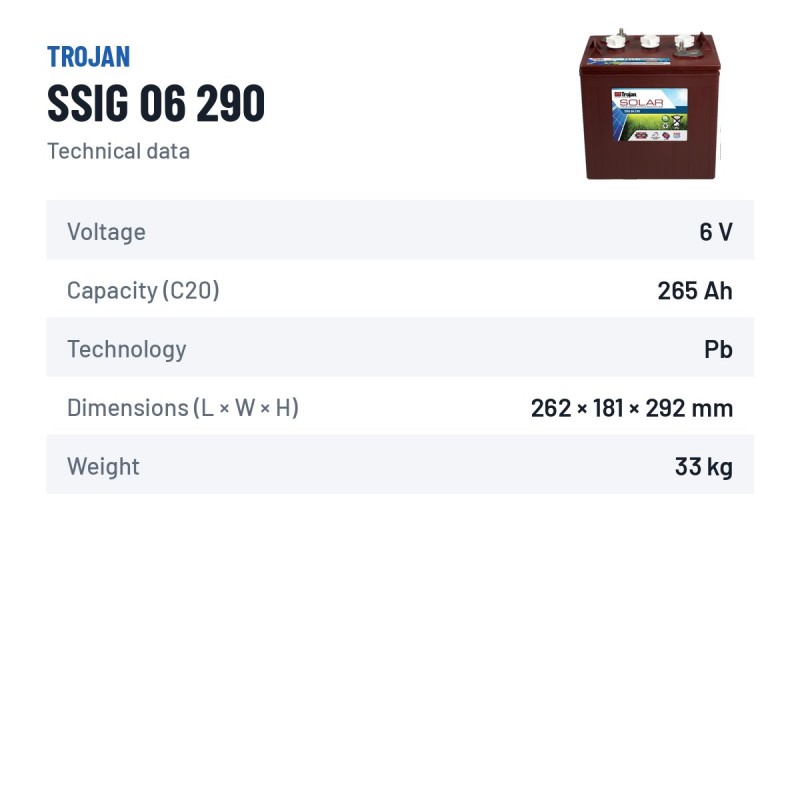 Batteria solare Trojan SSIG 06 290 6V 265Ah – scheda tecnica