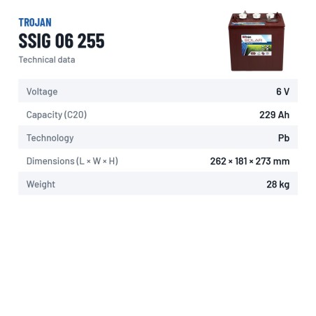 Batterie solaire Trojan SSIG 06 255 6V 229Ah – fiche technique