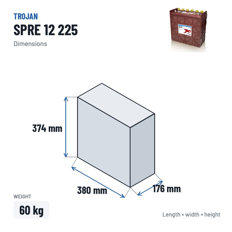 Solar battery Trojan SPRE 12 225 12V 204Ah – dimensions 380 × 176 × 374 mm