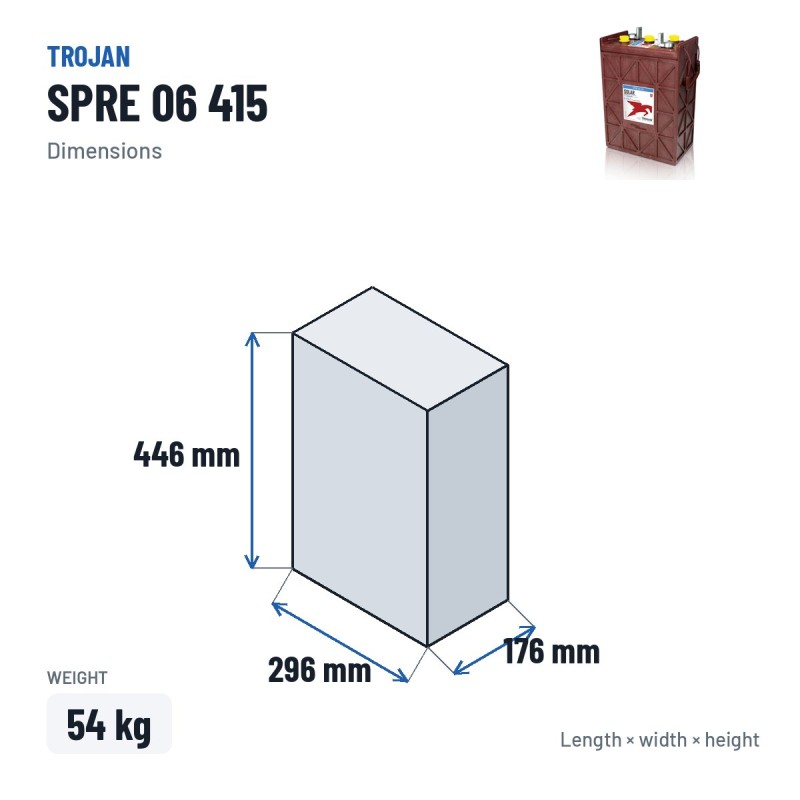 Batteria solare Trojan SPRE 06 415 6V 377Ah – dimensioni 296 × 176 × 446 mm