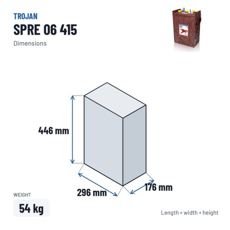 Batteria solare Trojan SPRE 06 415 6V 377Ah – dimensioni 296 × 176 × 446 mm