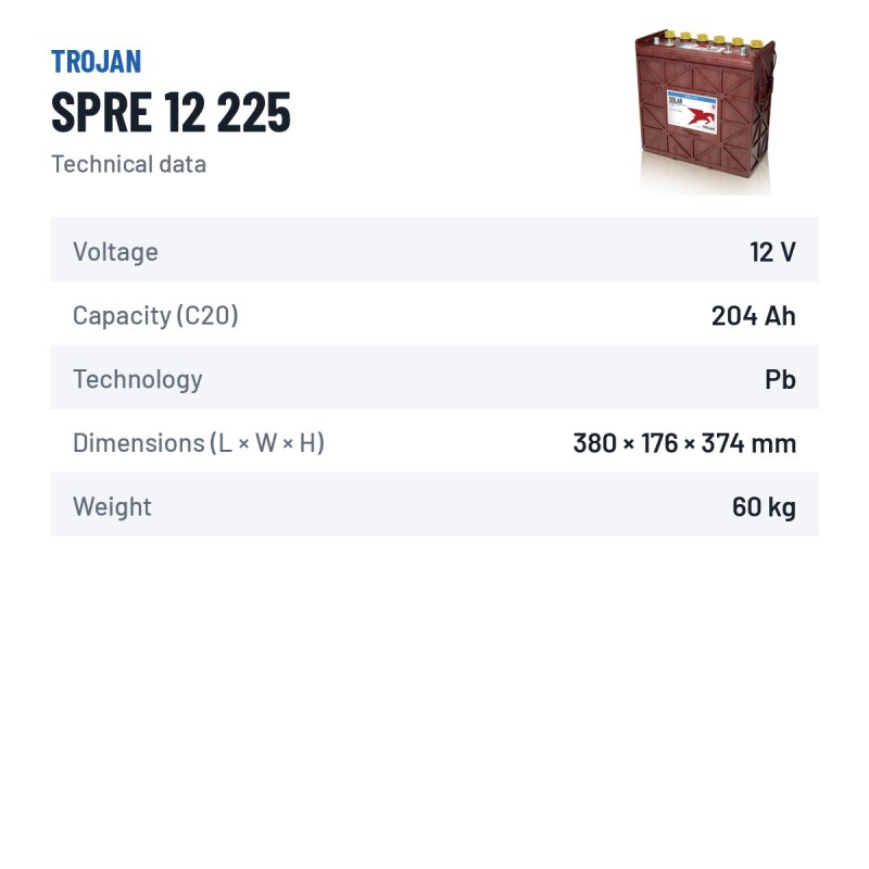 Solar battery Trojan SPRE 12 225 12V 204Ah – technical data