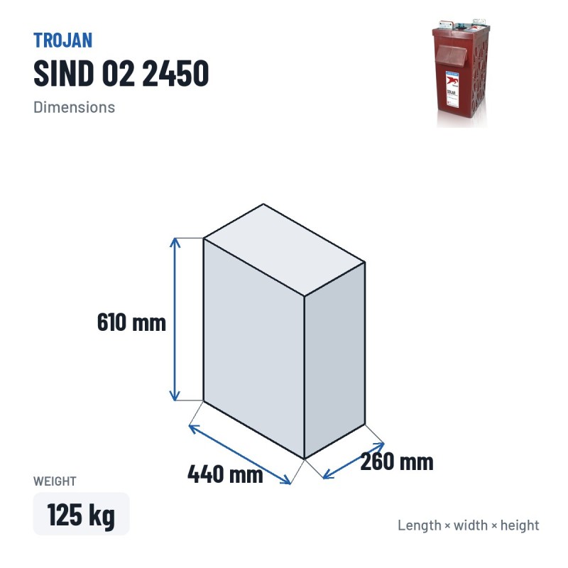 Bateria solar Trojan SIND 02 2450 2V 1882Ah – medidas 440 × 260 × 610 mm