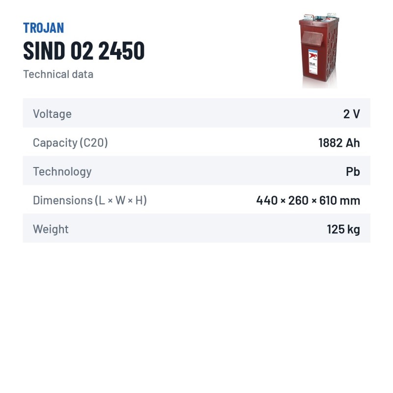 Bateria solar Trojan SIND 02 2450 2V 1882Ah – ficha técnica