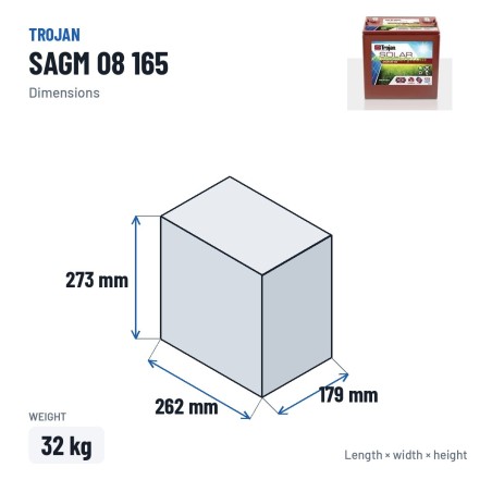 Batteria solare Trojan SAGM 08 165 8V 165Ah AGM – dimensioni 262 × 179 × 273 mm