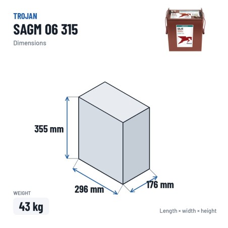 Batterie solaire Trojan SAGM 06 315 6V 315Ah AGM – dimensions 296 × 176 × 355 mm