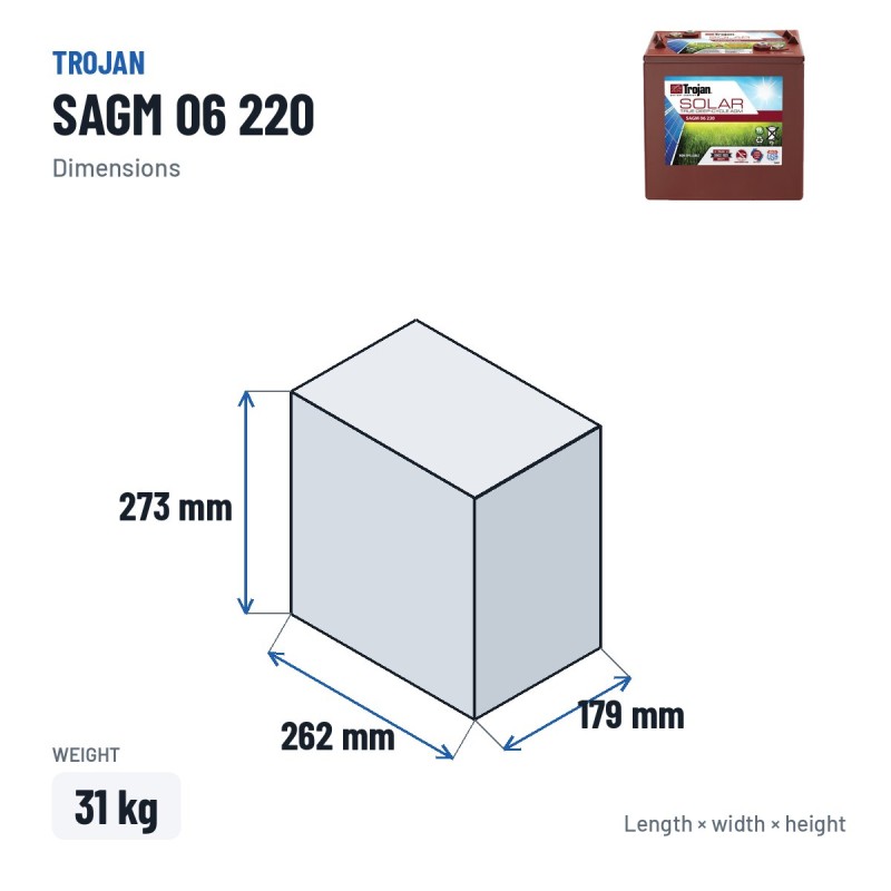 Batteria solare Trojan SAGM 06 220 6V 220Ah AGM – dimensioni 262 × 179 × 273 mm