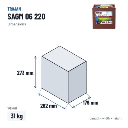 Batteria solare Trojan SAGM 06 220 6V 220Ah AGM – dimensioni 262 × 179 × 273 mm