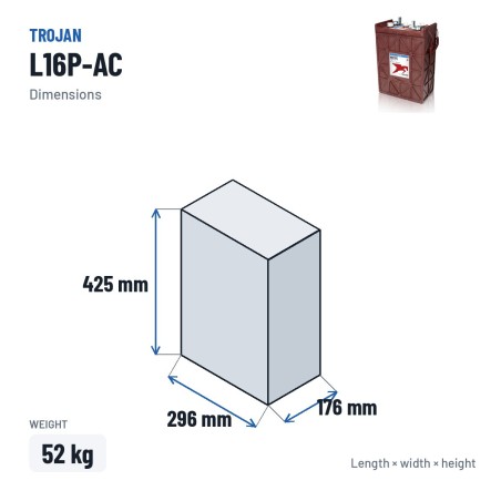 Batterie de traction Trojan L16P-AC 6V 420Ah – dimensions 296 × 176 × 425 mm