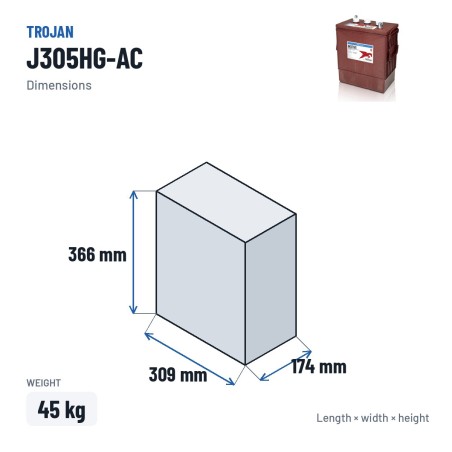 Bateria de tração Trojan J305HG-AC 6V 360Ah – medidas 309 × 174 × 366 mm