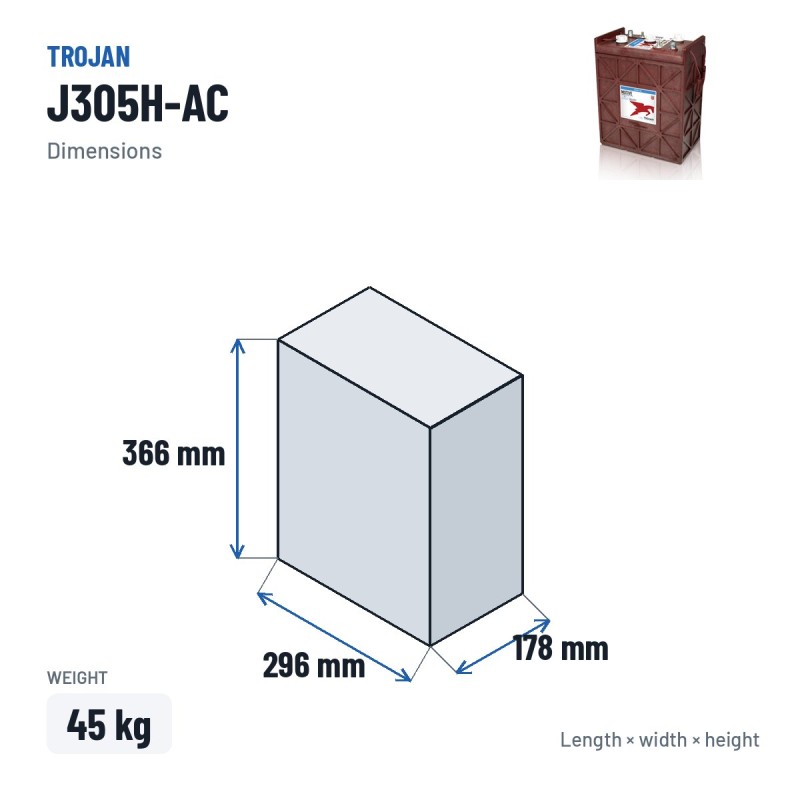 Traktionsbatterie Trojan J305H-AC 6V 360Ah – Abmessungen 296 × 178 × 366 mm