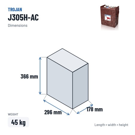 Traktionsbatterie Trojan J305H-AC 6V 360Ah – Abmessungen 296 × 178 × 366 mm