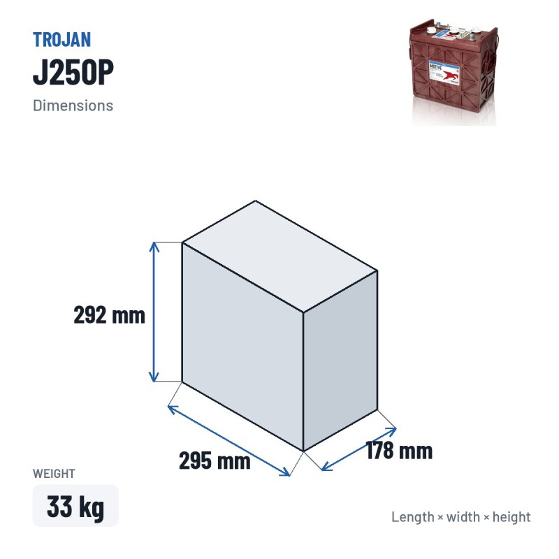 Bateria de tração Trojan J250P 6V 250Ah – medidas 295 × 178 × 292 mm