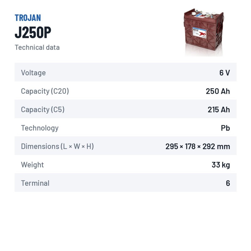 Bateria de tração Trojan J250P 6V 250Ah – ficha técnica