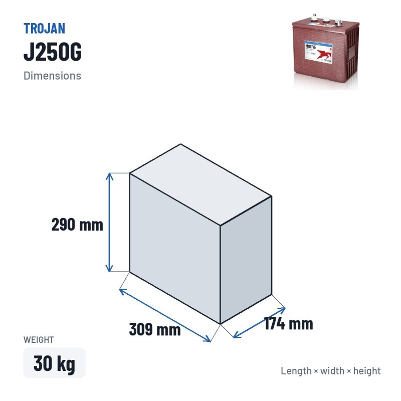 Traction battery Trojan J250G 6V 235Ah – dimensions 309 × 174 × 290 mm