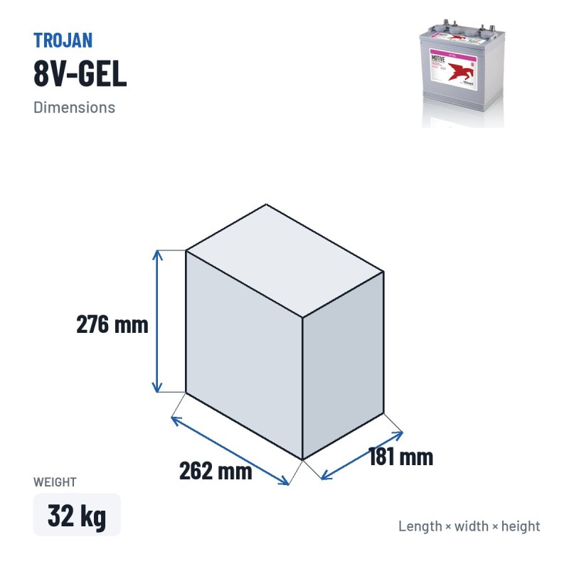 Solarbatterie Trojan 8V-GEL 8V 140Ah GEL – Abmessungen 262 × 181 × 276 mm