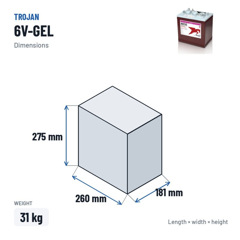 Solar battery Trojan 6V-GEL 6V 189Ah GEL – dimensions 260 × 181 × 275 mm