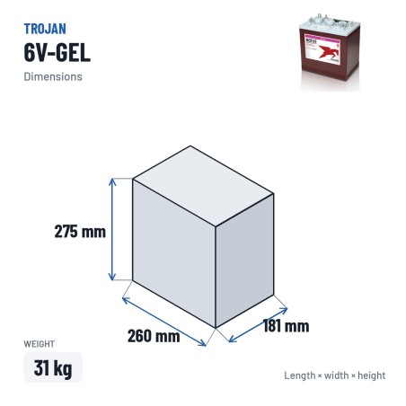 Solar battery Trojan 6V-GEL 6V 189Ah GEL – dimensions 260 × 181 × 275 mm