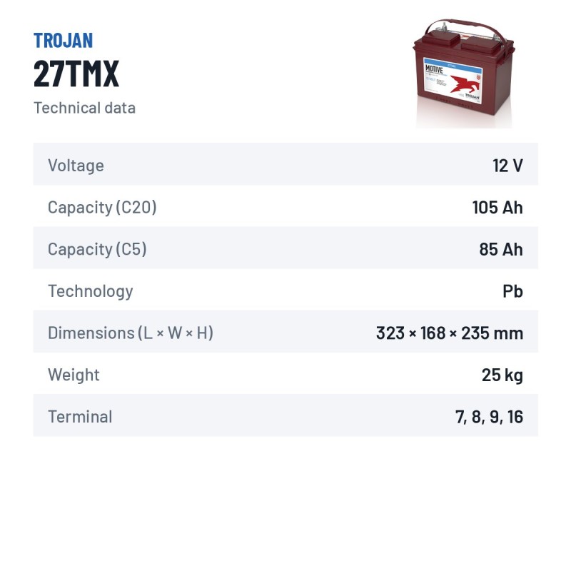 Golf cart battery Trojan 27TMX 12V 105Ah | baterias.com