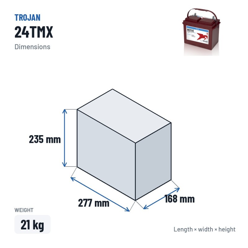 Batería de carrito de golf Trojan 24TMX 12V 85Ah – medidas 277 × 168 × 235 mm