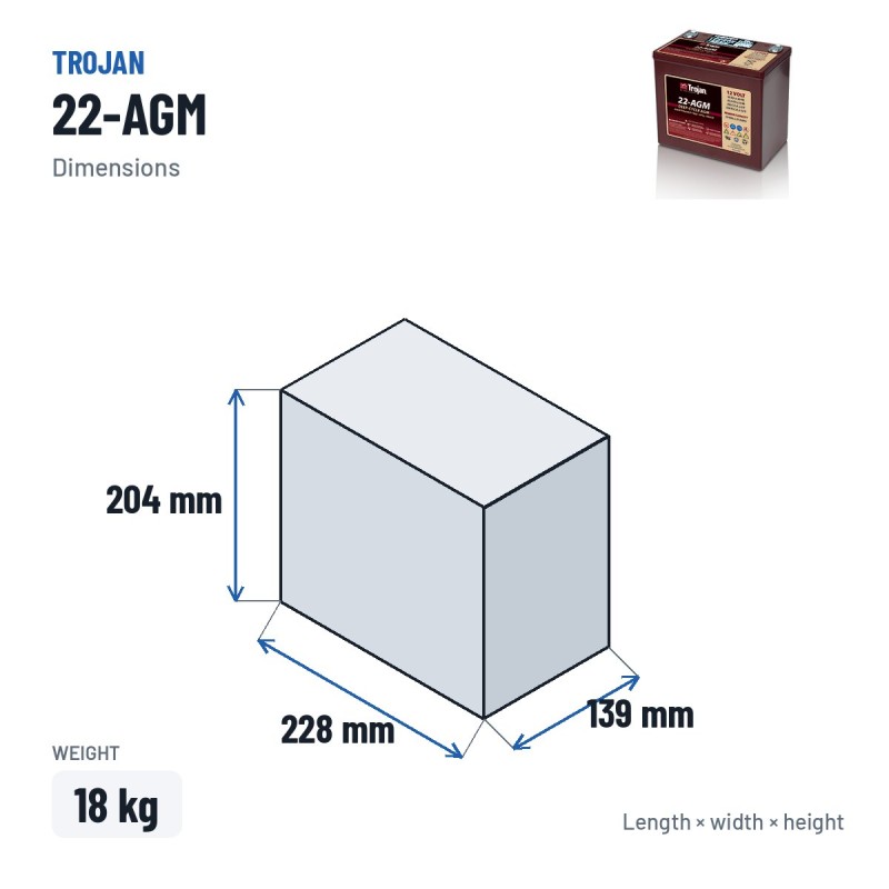 Bateria solar Trojan 22-AGM 12V 50Ah AGM – medidas 228 × 139 × 204 mm