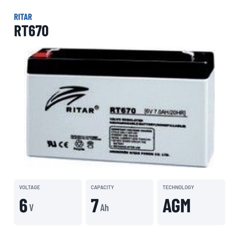 Bateria estacionária UPS Ritar RT670 6V 7Ah AGM – dados principais