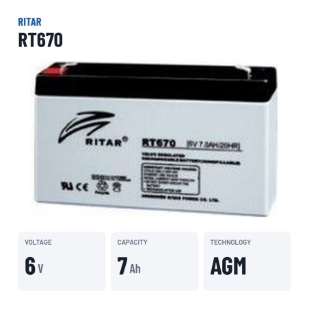 Bateria estacionária UPS Ritar RT670 6V 7Ah AGM – dados principais
