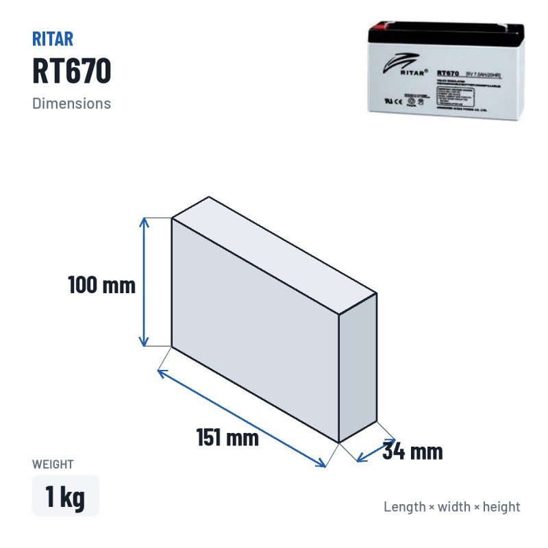 Bateria estacionária UPS Ritar RT670 6V 7Ah AGM – medidas 151 × 34 × 100 mm