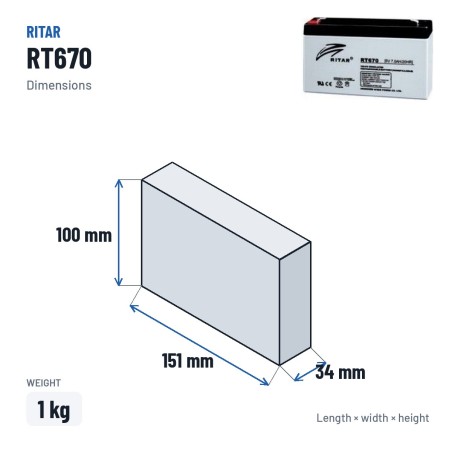 Stationary UPS battery Ritar RT670 6V 7Ah AGM – dimensions 151 × 34 × 100 mm