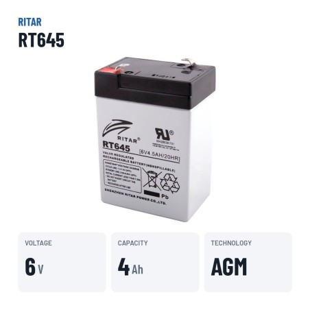 Bateria estacionária UPS Ritar RT645 6V 4.5Ah AGM – dados principais