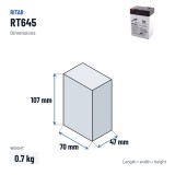 Bateria estacionária UPS Ritar RT645 6V 4.5Ah AGM – medidas 70 × 47 × 107 mm