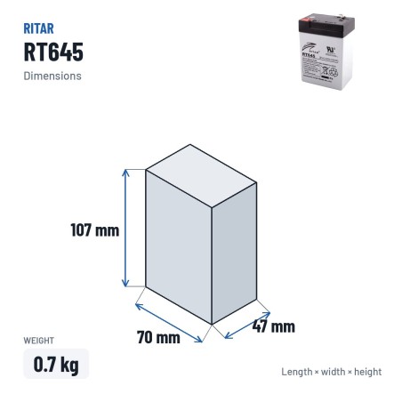 Bateria estacionária UPS Ritar RT645 6V 4.5Ah AGM – medidas 70 × 47 × 107 mm