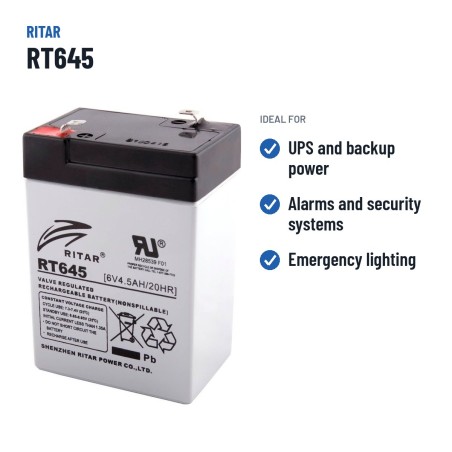 Bateria estacionária UPS Ritar RT645 6V 4.5Ah AGM – utilizações recomendadas