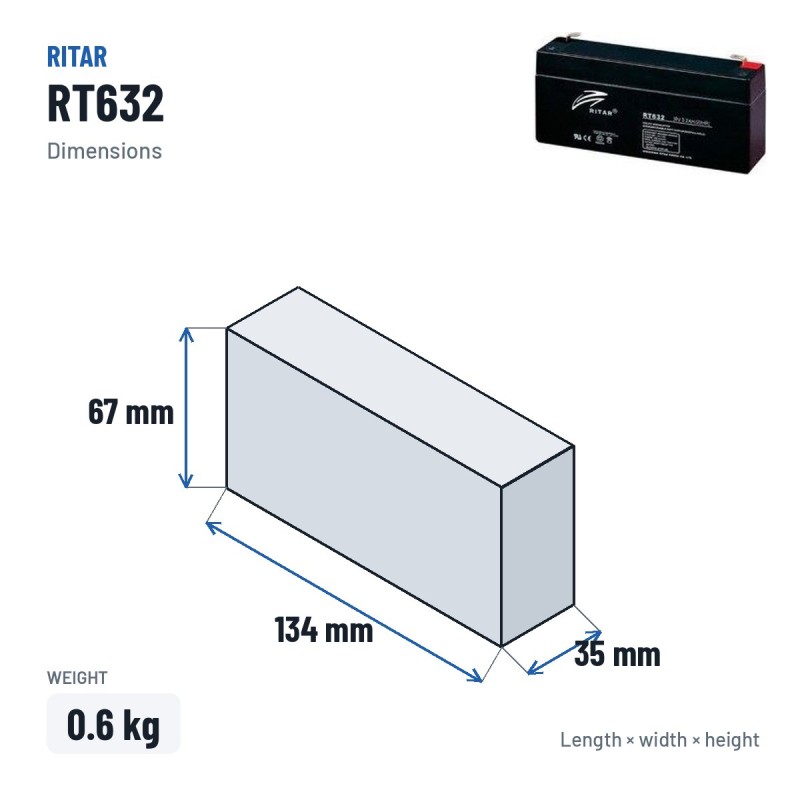 Stationärbatterie USV Ritar RT632 6V 3.2Ah AGM – Abmessungen 134 × 35 × 67 mm