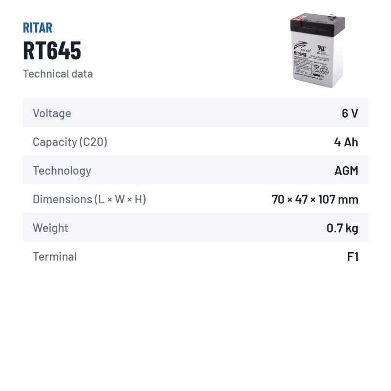 Bateria estacionária UPS Ritar RT645 6V 4.5Ah AGM – ficha técnica