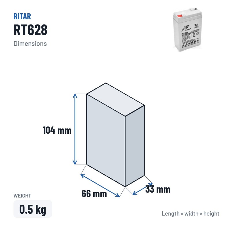 Bateria estacionária UPS Ritar RT628 6V 2.8Ah AGM – medidas 66 × 33 × 104 mm