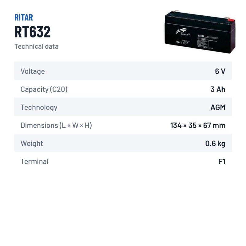 Batería estacionaria SAI/UPS Ritar RT632 6V 3.2Ah AGM – ficha técnica
