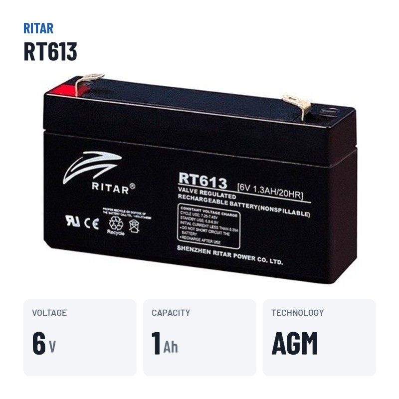 Batería estacionaria SAI/UPS Ritar RT613 6V 1.3Ah AGM – datos clave