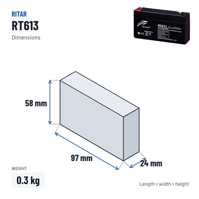 Batería estacionaria SAI/UPS Ritar RT613 6V 1.3Ah AGM – medidas 97 × 24 × 58 mm